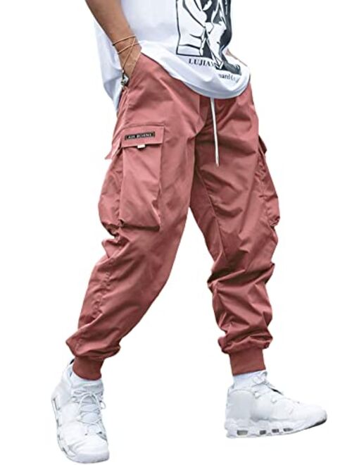 Romwe Men's Flap Pocket Drawstring Elastic Waist Letter Graphic Street Cargo Pants