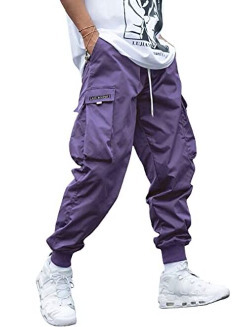 Romwe Men's Flap Pocket Drawstring Elastic Waist Letter Graphic Street Cargo Pants