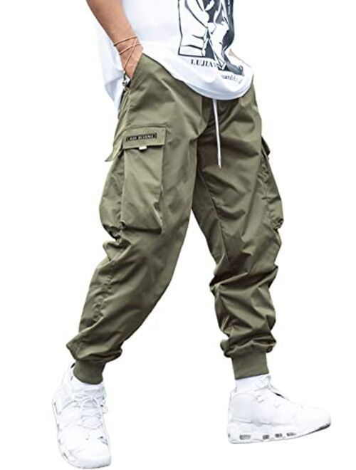 Romwe Men's Flap Pocket Drawstring Elastic Waist Letter Graphic Street Cargo Pants