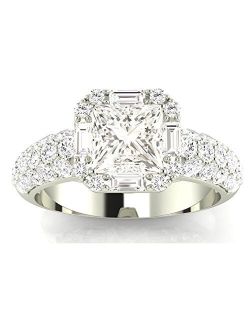 1.4 Carat t.w. Princess Designer Popular Halo Style Baguette and Pave Set Round Diamond Engagement Ring J/VS2-SI1 Clarity Center Stones.