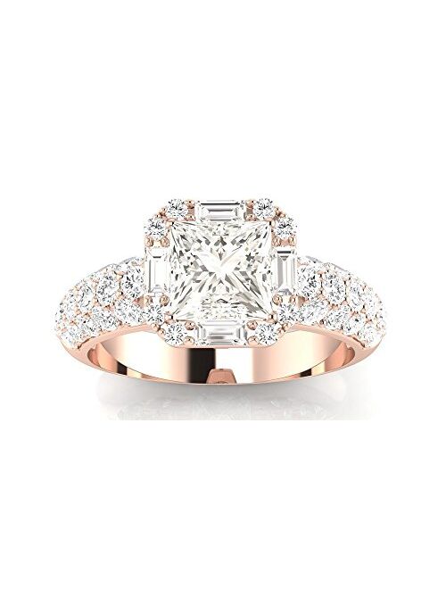 Houston Diamond District 1.4 Carat t.w. Princess Designer Popular Halo Style Baguette and Pave Set Round Diamond Engagement Ring J/VS2-SI1 Clarity Center Stones.