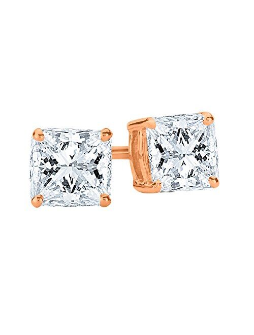 Houston Diamond District 1/2-2 Carat Total Weight Princess Diamond Stud Earrings 4 Prong Screw Back (I-J Color I1-I2 Clarity)