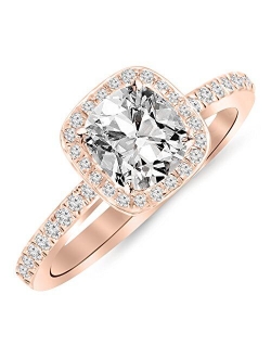 1 Carat t.w. 14K White Gold Classic Halo Style Cushion Shape Diamond Engagement Ring with a 3/4 Ct Forever Brilliant Cushion Moissanite Center