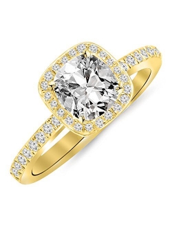 1 Carat t.w. 14K White Gold Classic Halo Style Cushion Shape Diamond Engagement Ring with a 3/4 Ct Forever Brilliant Cushion Moissanite Center