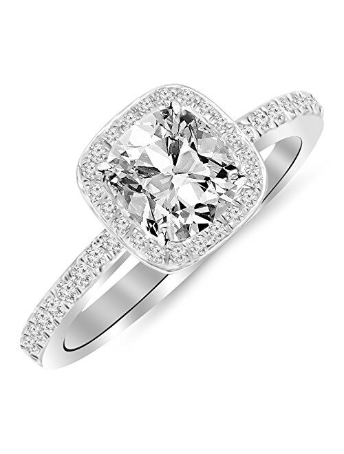 Houston Diamond District 1 Carat t.w. 14K White Gold Classic Halo Style Cushion Shape Diamond Engagement Ring with a 3/4 Ct Forever Brilliant Cushion Moissanite Center