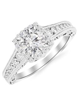 2.25 Carat 14K White Gold Vintage Halo Style Channel Set Round Brilliant Diamond Engagement Ring Milgrain with a 1.5 Carat Moissanite Center