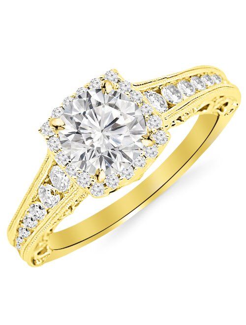 Houston Diamond District 2.25 Carat 14K White Gold Vintage Halo Style Channel Set Round Brilliant Diamond Engagement Ring Milgrain with a 1.5 Carat Moissanite Center