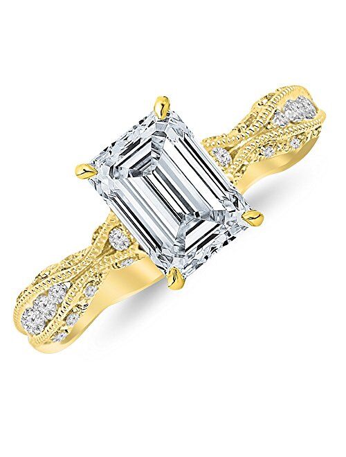 Houston Diamond District 1 Carat 14K White Gold Channel Set Eternity Curving Emerald Cut GIA Certified Diamond Engagement Ring (0.75 Ct K Color VS2 Clarity Center Stone)