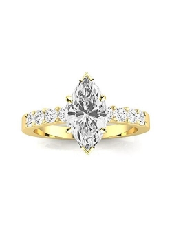 1 Carat 14K White Gold Classic Prong Set Round Marquise Cut GIA Certified Diamond Engagement Ring (0.5 Ct K Color VS1-VS2 Clarity Center Stone)