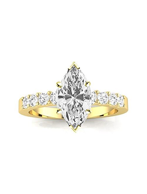 Houston Diamond District 1 Carat 14K White Gold Classic Prong Set Round Marquise Cut GIA Certified Diamond Engagement Ring (0.5 Ct K Color VS1-VS2 Clarity Center Stone)