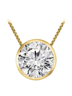 0.5 Carat 14K White Gold Round Diamond Bezel Solitaire Pendant Necklace J Color I2 Clarity, w/ 16" Silver Chain