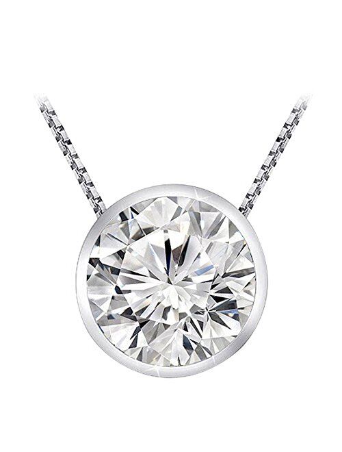 Houston Diamond District 0.5 Carat 14K White Gold Round Diamond Bezel Solitaire Pendant Necklace J Color I2 Clarity, w/ 16" Silver Chain