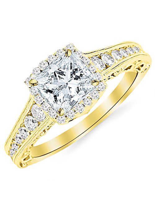 Houston Diamond District 2.75 Carat 14K White Gold Vintage Halo Style Channel Set Round Brilliant Diamond Engagement Ring Milgrain with a 2 Carat Moissanite Center