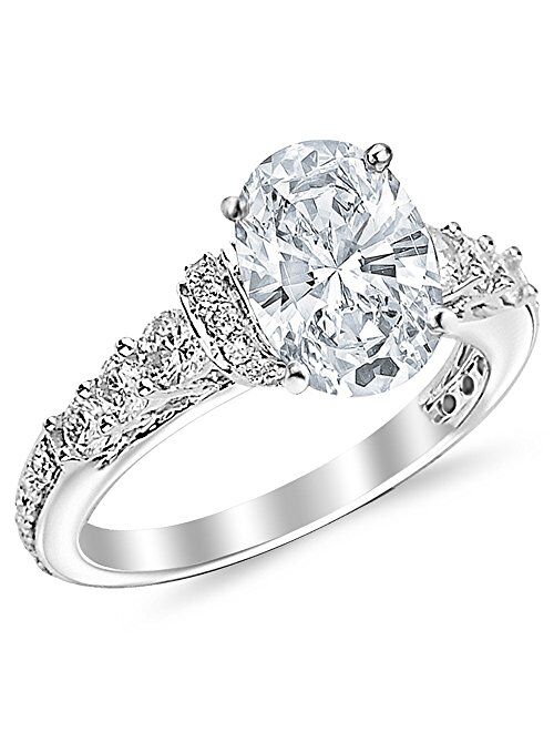 Houston Diamond District 1.75 Ctw 14K White Gold Designer Four Prong Pave Set Round IGI Certified Oval Cut Diamond Engagement Ring (1 Ct Center H-I Color SI1-SI2 Clarity)