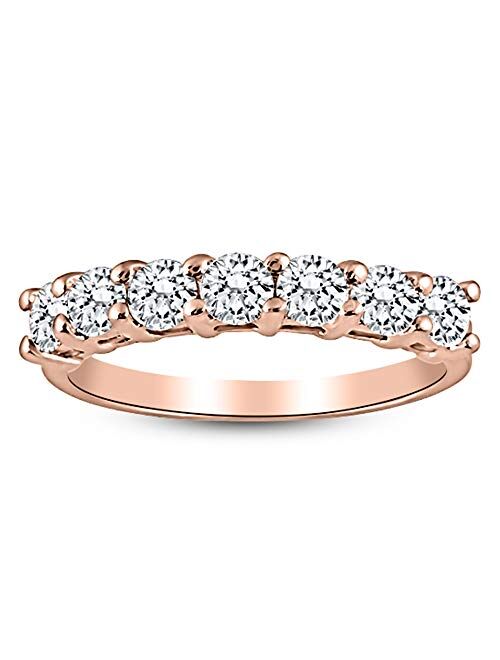 Houston Diamond District 1 Carat 14K White Gold Round 7-Stone Diamond Wedding Anniversary Stackable Ring Band Value Collection