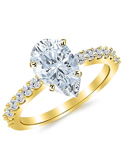 Houston Diamond District 14K White Gold 3 Carat LAB GROWN IGI CERTIFIED DIAMOND Classic Prong Set Pear Cut Diamond Engagement Ring (H-I Color VS1-VS2 Clarity 2.5 Ct Cente