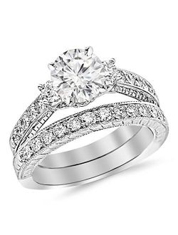 Houston Diamond District 1.88 Carat t.w. Round Shape/Center Three Stone Vintage with Milgrain & Filigree Bridal Set with Wedding Band & CZ Engagement Ring