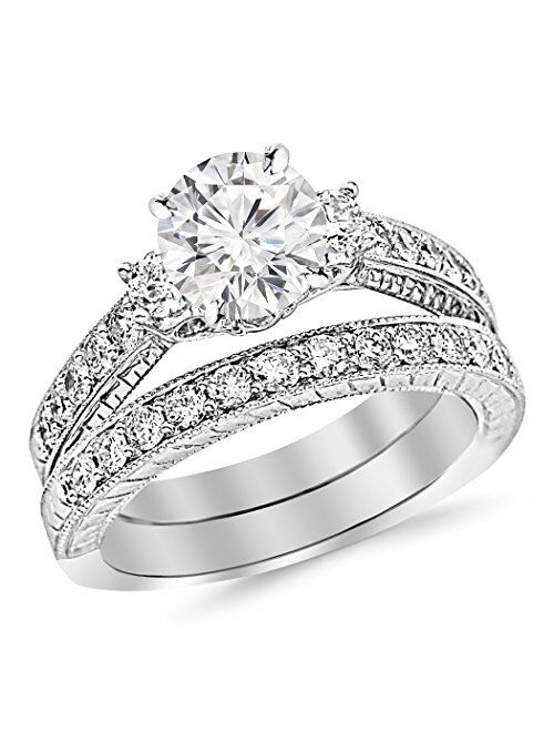 Houston Diamond District 1.88 Carat t.w. Round Shape/Center Three Stone Vintage with Milgrain & Filigree Bridal Set with Wedding Band & CZ Engagement Ring