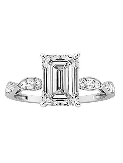 Houston Diamond District 0.55 Ctw 14K White Gold Petite Curving Emerald Cut GIA Certified Diamond Engagement Ring (0.4 Ct J Color VVS2 Clarity Center Stone)