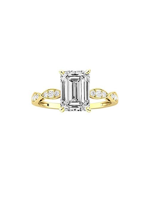 Houston Diamond District 0.55 Ctw 14K White Gold Petite Curving Emerald Cut GIA Certified Diamond Engagement Ring (0.4 Ct J Color VVS2 Clarity Center Stone)