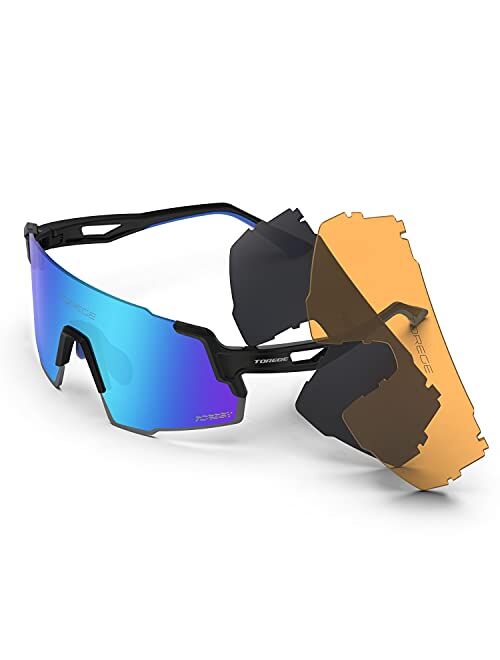 TOREGE Polarized Sports Sunglasses with 3 Interchangeable Lenses for Men Women Cycling Running Baseball Glasses TR65