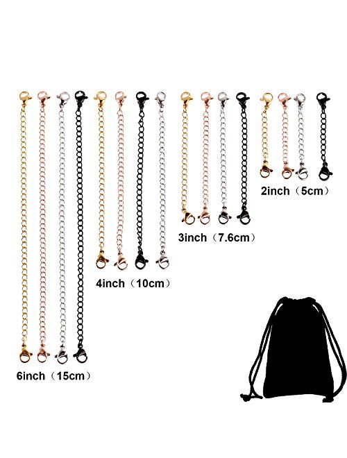 TecUnite 16 Pieces Stainless Steel Necklace Bracelet Extenders Chain Sets for DIY Jewelry Making, 4 Colors and 4 Sizes