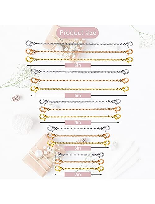 Hicarer 30 Pieces Necklace Extenders Alloy Necklace Chain Necklace Extenders Gold Silver Alloy Necklace Extender Bracelet Extender Chain Set for DIY Jewelry Making, 3 Col