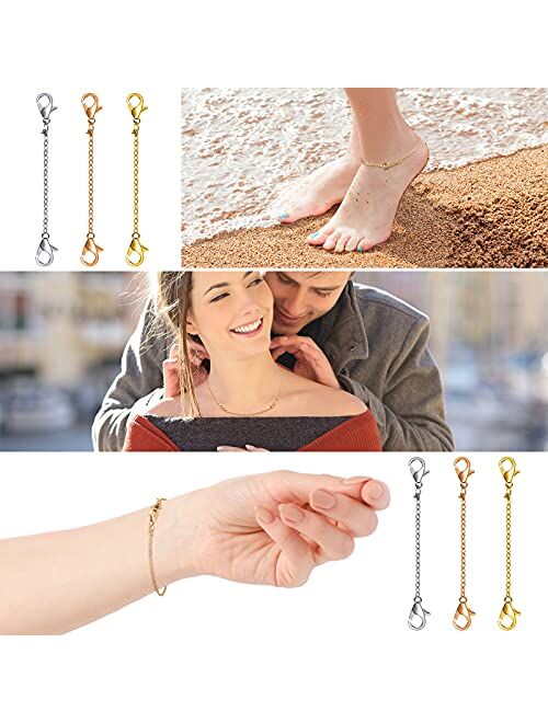 Hicarer 30 Pieces Necklace Extenders Alloy Necklace Chain Necklace Extenders Gold Silver Alloy Necklace Extender Bracelet Extender Chain Set for DIY Jewelry Making, 3 Col