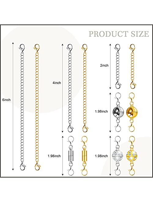 Hicarer 12 Pieces Magnetic Lobster Clasps Jewelry Locking Clasps and 12 Pieces Metal Necklace Extender Chains Bracelet Extension Chain for Jewelry Making Supplies