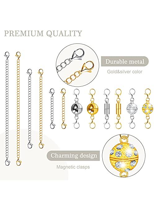 Hicarer 12 Pieces Magnetic Lobster Clasps Jewelry Locking Clasps and 12 Pieces Metal Necklace Extender Chains Bracelet Extension Chain for Jewelry Making Supplies