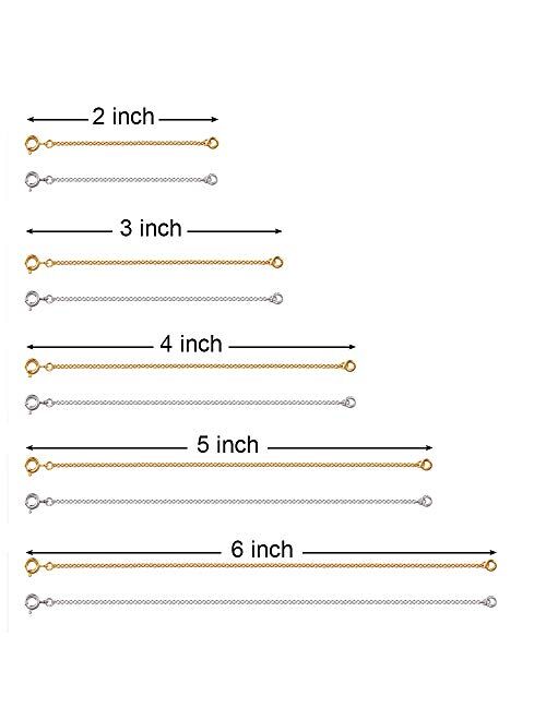 KRENDR 10 Pieces Necklace Extenders, 2" 3" 4" 5" 6" inch Extender Chains, 100% Stainless Steel Jewelry Making Chains (5 Gold, 5 Silver)