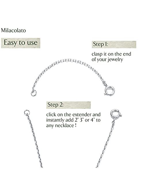 Milacolato 3Pcs Sterling Silver Necklace Extenders Delicate Necklace Extender Chain Set for Women 18K White Gold Plated Hypoallergenic Lightweight Extenders Necklace for 