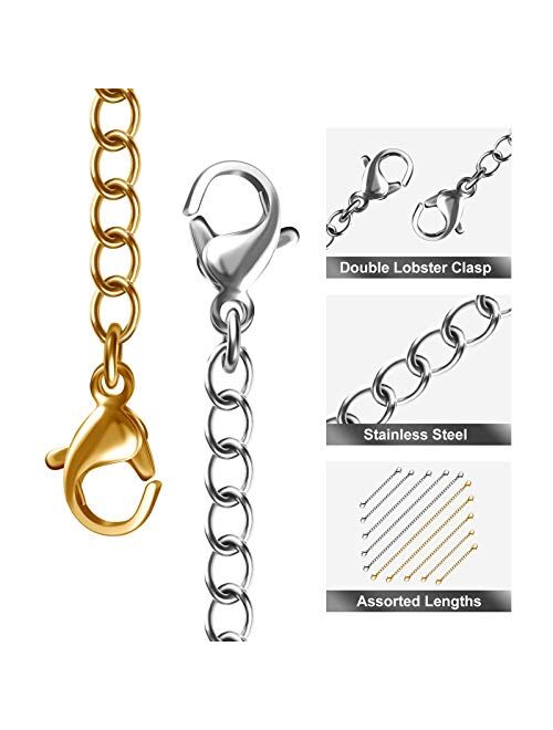 MENKEY Necklace Extenders, Stainless Steel Gold Silver Necklace Bracelet Anklet Extension Chains with Lobster Clasps and Closures for Jewelry Making