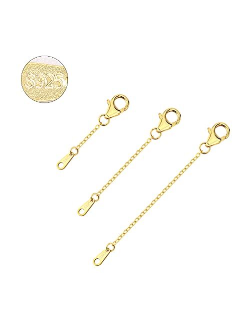 ALEXCRAFT 3 PCS Gold Plated Sterling Silver Extenders Chain Necklace Bracelet Extension Chains for Jewelry Making(1 2 3 inch)