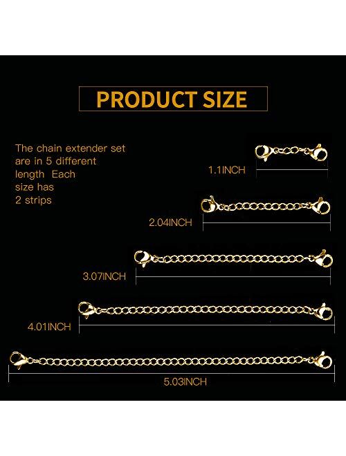 YGDZ 10 Pieces Necklace Extender, Stainless Steel Chain Extender Jewelry Necklace Bracelet Extender with Lobster Clasps for Jewelry Making, 5 Sizes(1 2 3 4 5)