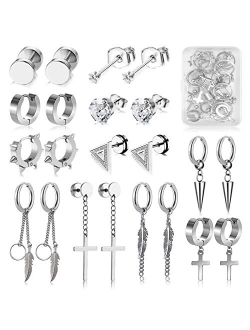 Fifata 21 Pieces 316L Stainless Steel Black Earrings for Men, Sword Cross Moon Star Long Chain Piercing Hoop Earrings Set for Unisex