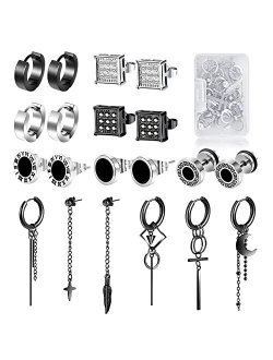 Fifata 21 Pieces 316L Stainless Steel Black Earrings for Men, Sword Cross Moon Star Long Chain Piercing Hoop Earrings Set for Unisex