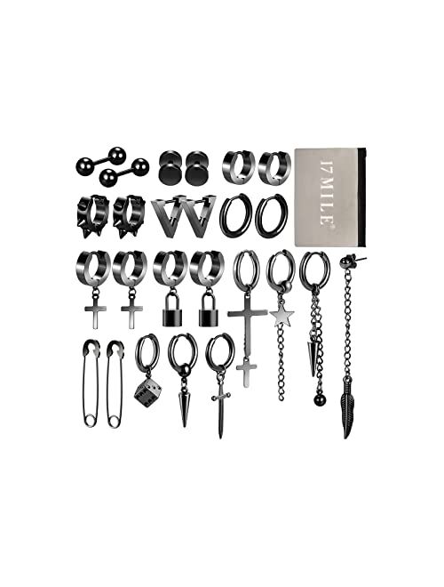 17 MILE Black Cross Dangle Earrings for Men, 25 Pieces Stainless Steel Long Chain Piercing Hoop Earrings Set for Unisex