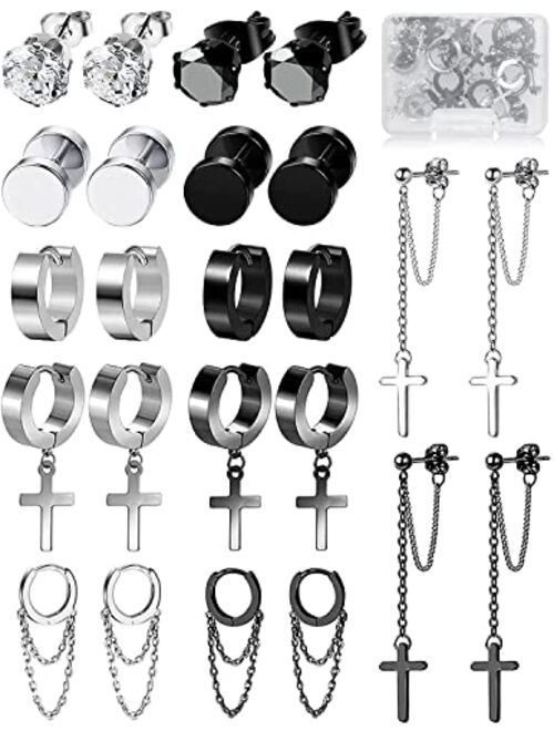 shengna 21 Pieces 316L Stainless Steel Black Earrings for Men Sword Cross Moon Star Long Chain Piercing Hoop Earrings Set for Unisex