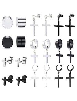 Frodete 10Pcs Cross Earrings for Men fake earrings Magenetic Earrings Black Silver Dangle Cross Earrings for Boys