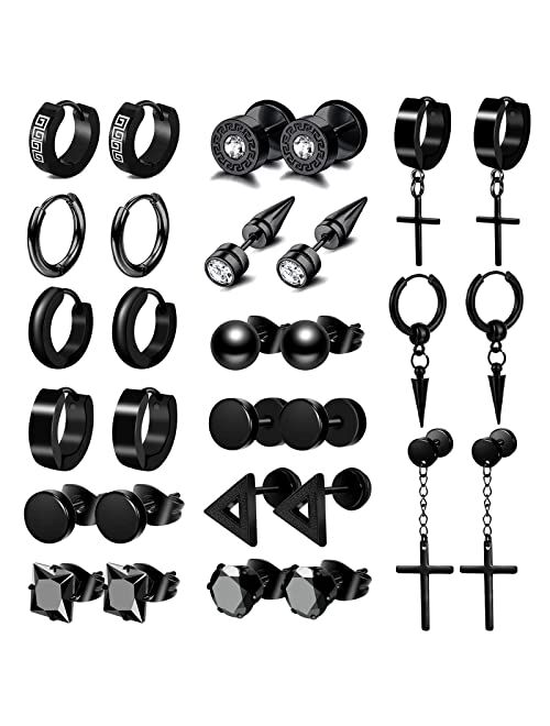 A-Minusone 15 Pairs Earrings for Men, Black Stainless Steel Earrings Stud Kit for Men Women Fashion Piercing Jewelry Cross Dangle Hoop Earrings Set