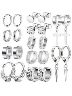 Men Earrings, Funtopia 11 Pairs Stainless Steel Small Hoop Earrings Cross Dangle Earrings Set, Fashion Huggie Earrings Piercing Jewelry for Party Birthday