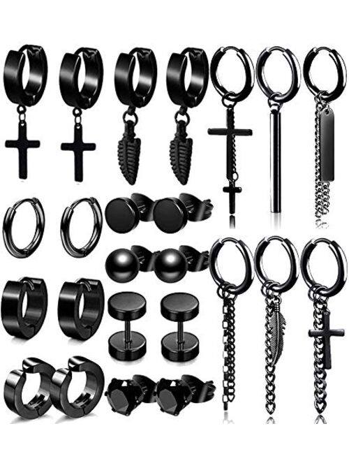 WAINIS 24 Pcs Stainless Steel Unisex Black Huggie Hoop Earrings for men Women Cool Dangle Stud Earring Piercing Set