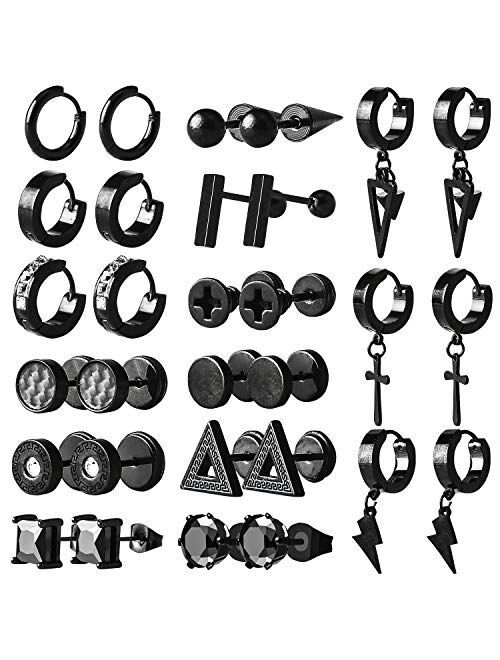 Yoker 15 Pairs Earrings for Men Black Stud Earrings Set Mens Earrings Stainless Steel for Men Women Jewelry Piercing Hoop Earrings