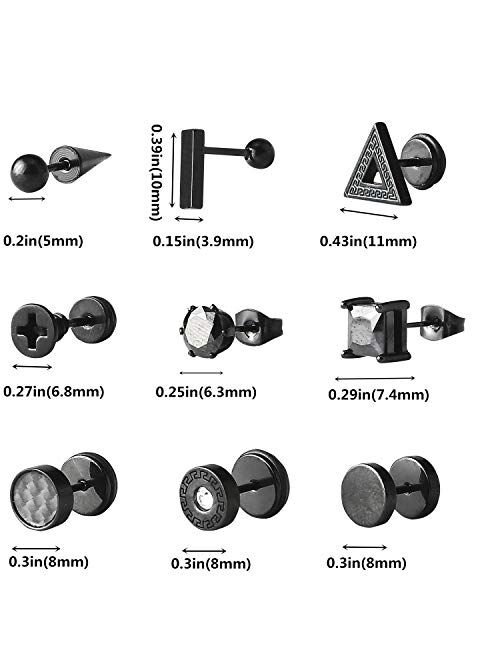 Yoker 15 Pairs Earrings for Men Black Stud Earrings Set Mens Earrings Stainless Steel for Men Women Jewelry Piercing Hoop Earrings