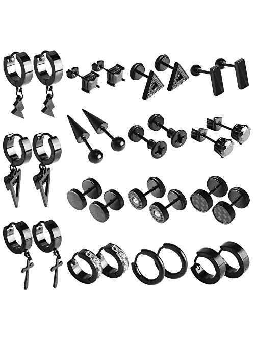 Yoker 15 Pairs Earrings for Men Black Stud Earrings Set Mens Earrings Stainless Steel for Men Women Jewelry Piercing Hoop Earrings