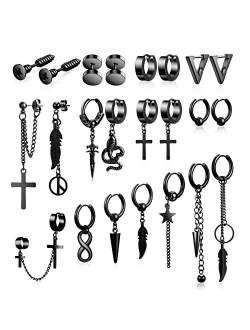 Honsny Black Dangle Mens Earrings, 24 PCS Surgical Stainless Steel Punk Silver Cross Earrings for Men Women Huggie Hoop Long Chain Piercing Feather Stud Men Boys Earring 