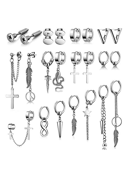 Honsny Black Dangle Mens Earrings, 24 PCS Surgical Stainless Steel Punk Silver Cross Earrings for Men Women Huggie Hoop Long Chain Piercing Feather Stud Men Boys Earring 