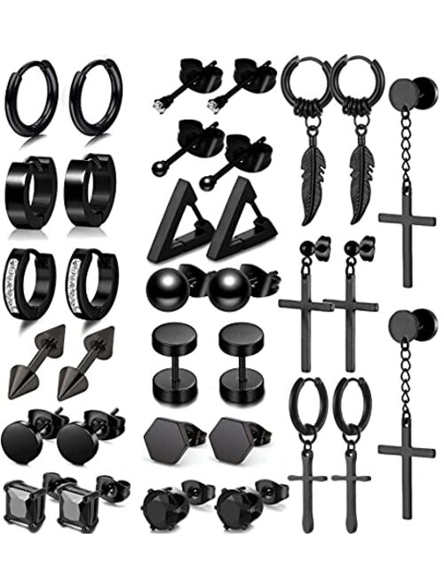 SAMOCO 17 Pairs Earrings for Men Black Stud Earrings Mens Earrings Stainless Steel Black Earrings for Men Women Jewelry Piercing Hoop Earrings Set