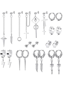 Fiasaso 22Pcs Dangle Earrings for Men Stainless Steel Hinged Hoop Earrings Long Chain Stud Cross Dangle Earrings Set Kpop Earrings for Mens Black, Silver and Gold